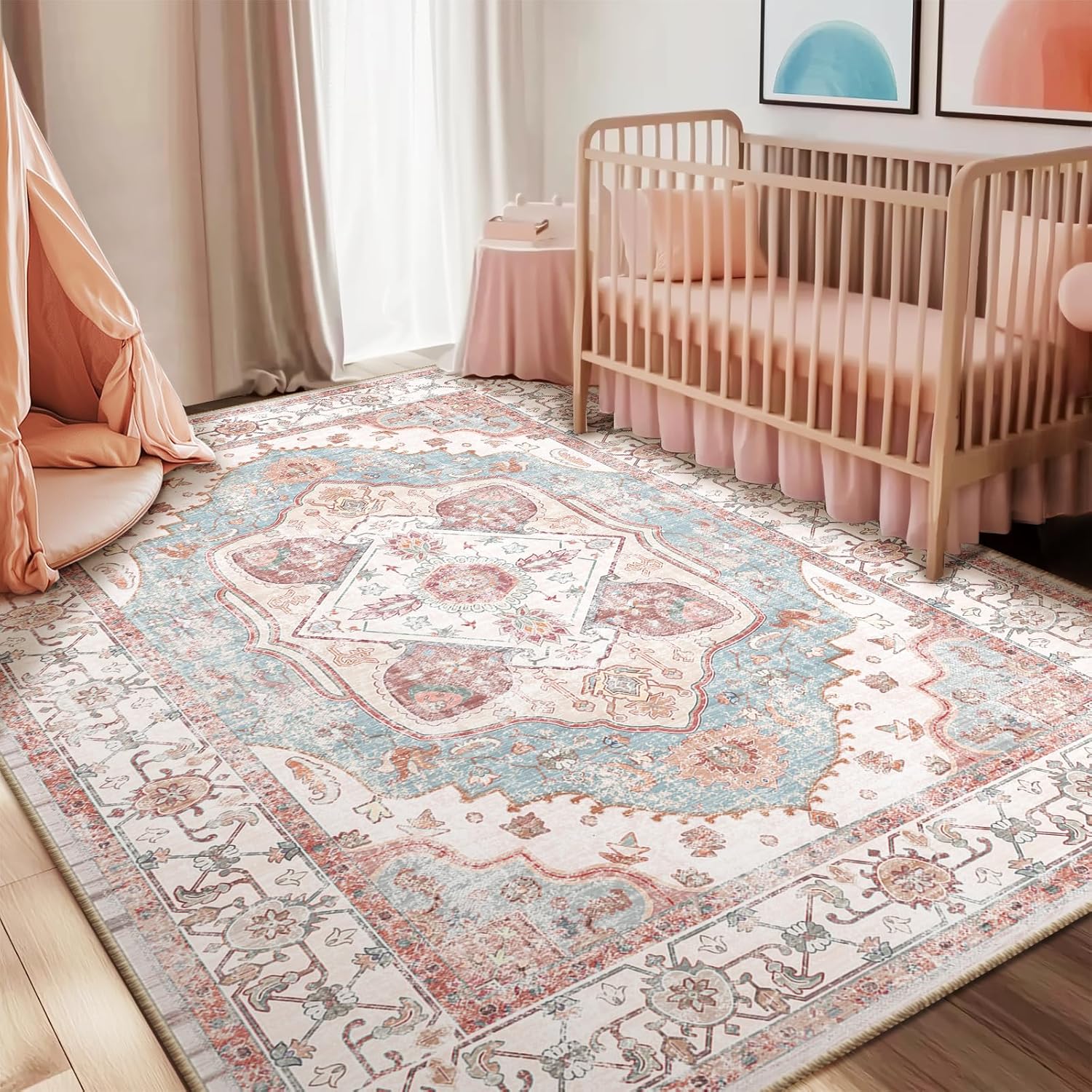 5×7 Area Rug Vintage Machine Washable Low Pile Carpet No Shedding Area Rugs for Living Room Bedroom Dining Room Kitchen Entryway Hallway Office Indoor-Pink/Blue/Red/Orange