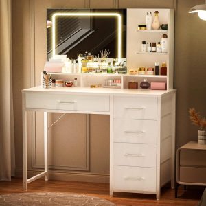 COMHOMA Vanity Desk with Mirror and Lights, Makeup Vanity Table with 5 Drawers & Storage Shelves, Large HD Mirror, 3 Color Modes & Adjustable Brightness, Modern Dressing Table for Bedroom, White