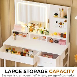 COMHOMA Vanity Desk with Mirror and Lights, Makeup Vanity Table with 5 Drawers & Storage Shelves, Large HD Mirror, 3 Color Modes & Adjustable Brightness, Modern Dressing Table for Bedroom, White