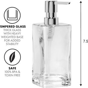 OGGI Square Glass Soap Dispenser – 13oz, Heavy Glass, Rustproof Pump – Ideal Hand Soap Dispenser, Bathroom, Kitchen Dish Soap Dispenser, Hand Sanitizer Dispenser, Clear/Chrome